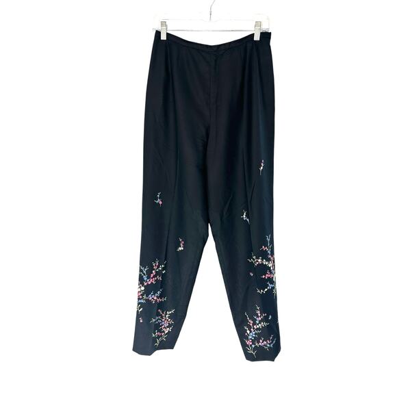 Talbots Trouser Pants Black Embroidered Floral Print Silk Mature Dressy Size 8 - Picture 1 of 12